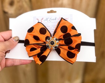 Orange and Black Polka Dot Messy Bow Nylon Headband