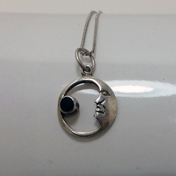 Vintage Silver Necklace with Moon and Onyx Pendant