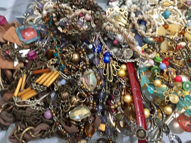 5.8 Pound Lot of Misc Costume Jewelry Wood Amber Cream Red FREE SHIPPING Wear or Repurpose