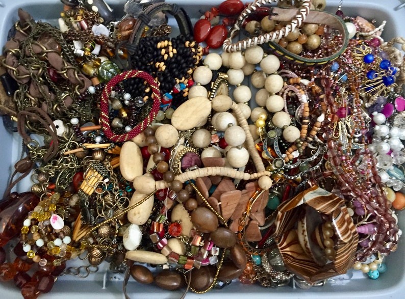 5.8 Pound Lot of Misc Costume Jewelry Wood Amber Cream Red FREE SHIPPING Wear or Repurpose