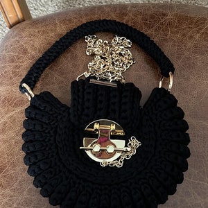 Bag, Purse, Women&#39;s Bag, Lined Crochet Bag, Crochet Purse, Black Bag, Half moon shape bag, Handmade Bag, hand Bag, Gold accessory