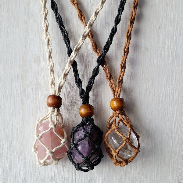 Macrame crystal pouch necklace, Amethyst necklace, Tumbled stones