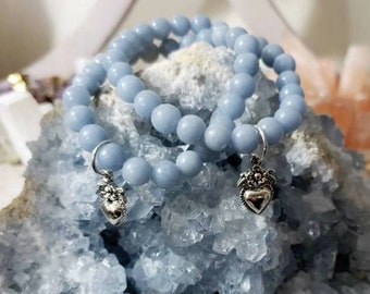 Pulsera de cristal de angelita, pulsera de piedras preciosas, joyería curativa