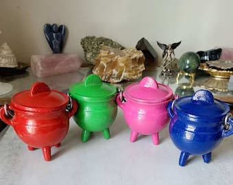 Colorful Cast iron cauldron with lid and Handle, Altar decor, Kitchen decor