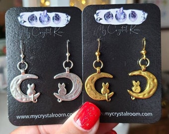 Cat on the moon earrings, Cat lover gift, Celestial jewelry