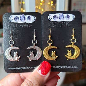 Boucles d&#39;oreilles chat sur la lune, cadeau pour amoureux des chats, bijoux célestes
