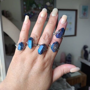 Blue aura quartz wire ring, Crystal ring, Wire wrapped jewelry