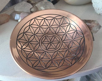 Flower of life copper plate, Copper offering bowl, Crystal grid