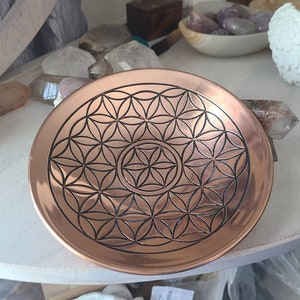 Flower of life copper plate, Copper offering bowl, Crystal grid