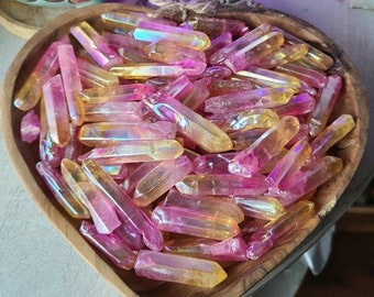 TWO Yellow pink aura quartz points, Crystal grid