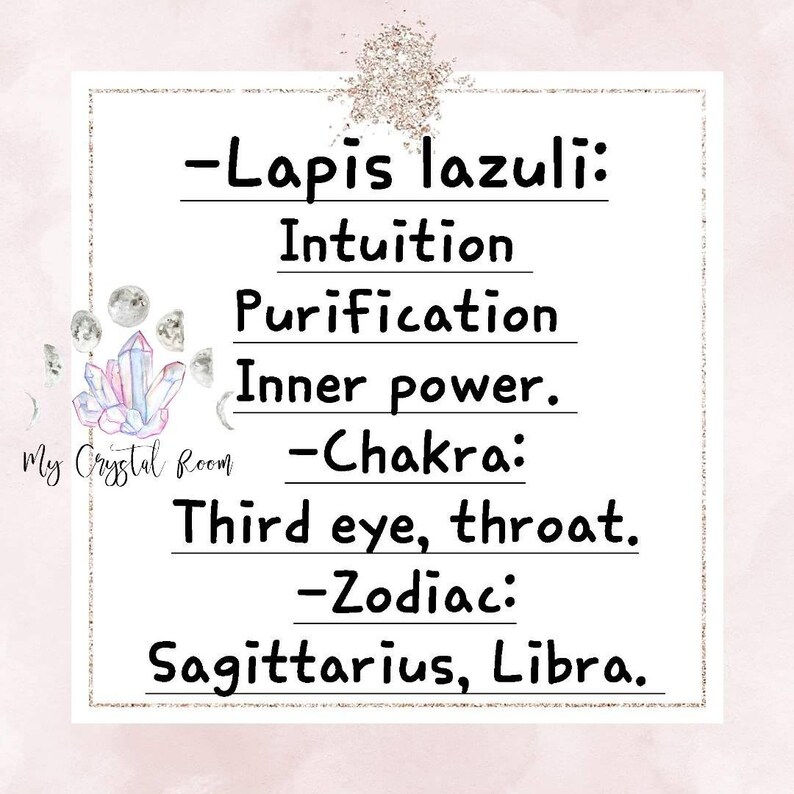 May include: A white card with black text describing the properties of lapis lazuli. The text includes the words "Intuition", "Purification", "Inner Power", "Chakra", "Third Eye", "Throat", "Zodiac", "Sagittarius", and "Libra".