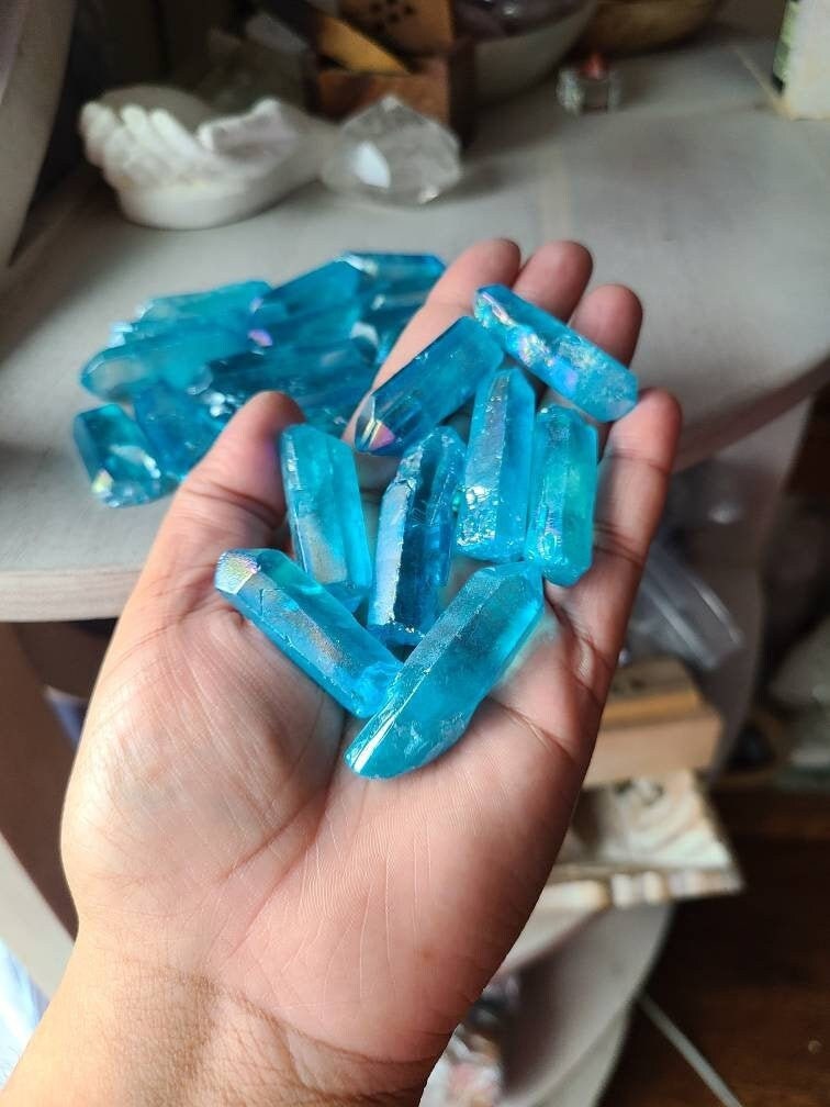 TWO Aqua aura quartz points, Crystal grid, Healing crystals