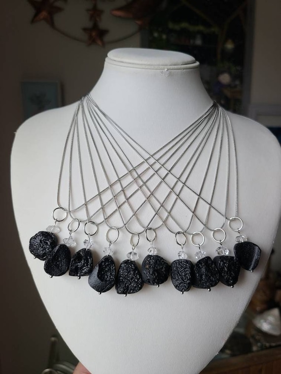 Tektite Herkimer Diamond Necklace: Tibetan Meteorite Stone, Stainless Steel Chain