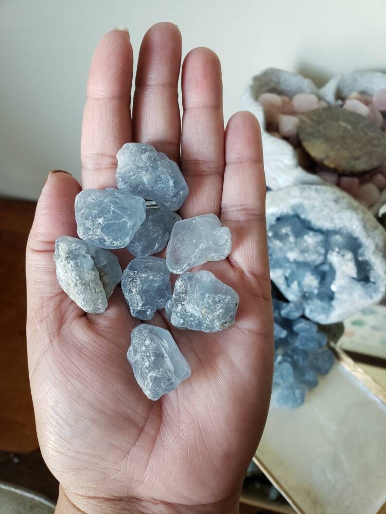 Peut inclure: Une collection de petits cristaux de c&eacute;lestine bruts bleu clair, aux formes irr&eacute;guli&egrave;res et dentel&eacute;es, avec des surfaces translucides &agrave; opaques. Les pierres pr&eacute;sentent une coloration bleu p&acirc;le glac&eacute; avec des textures min&eacute;rales naturelles.