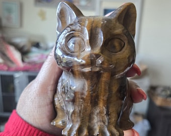 Tiger Eye Crystal Cat Carving, Crystal gift, Animal Statue