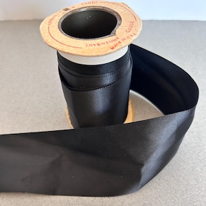 Vintage Black 4.75 inch wide Rayon Satin Taffeta Ribbon, 4 yards on original spool, Made in USA in the 40s or 50s.