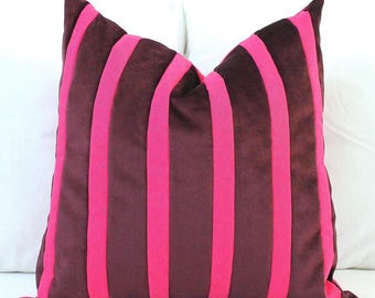 Hot Pink & Bordeaux Velvet Pillow Cover | Striped Color Block Cushion | Magenta Wine Red Modern Decor