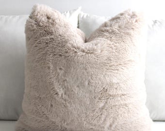 Light Taupe Luxury Faux Fur Pillow Cover – Plush Neutral Cushion – Soft Cozy Throw Pillow – Textured Home Decor