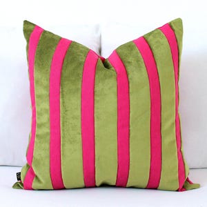 Hot Pink Velvet Pillow Cover, Green Striped Decorative Cushion, Bold Magenta Pistachio Statement Color Block Throw Pillow