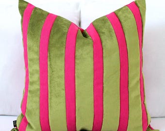 Hot Pink Velvet Pillow Cover, Green Striped Decorative Cushion, Bold Magenta Pistachio Statement Color Block Throw Pillow