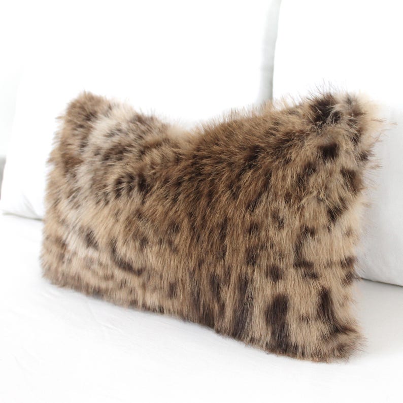 Luxurious Anatolian Lynx Faux Fur Pillow Cover, Brown Cheetah Leopard Print, Rustic Decor, Custom Size, Heavy Duty Cotton Backing