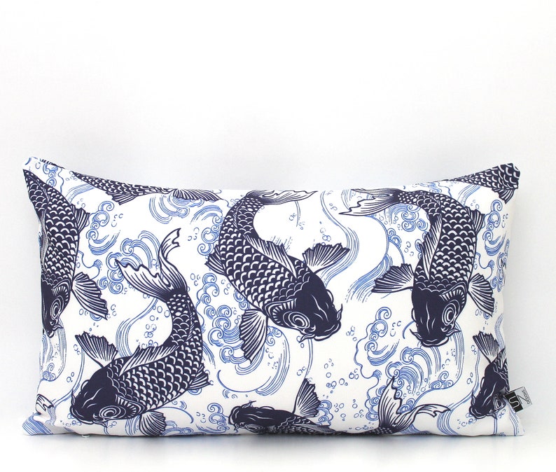 White and Blue Japanese Koi Cushion Cover Koi Fish Pillow Koi Etsy