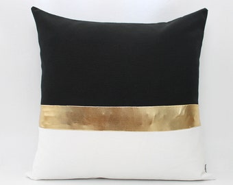 Black, White and Metallic Gold Colorblock Pillow Cover - Custom Stripe Color - All Sizes - Modern Throw, Home Decor