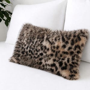 Natural Faux Fur Leopard Pillow Cover, Custom Color Back, Shaggy Cheetah Cushion, Personalized Luxe Home Decor Gift