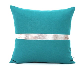 Dark Teal and Silver Colorblock Pillow Covers - Living Room Decor, Decorative Throw