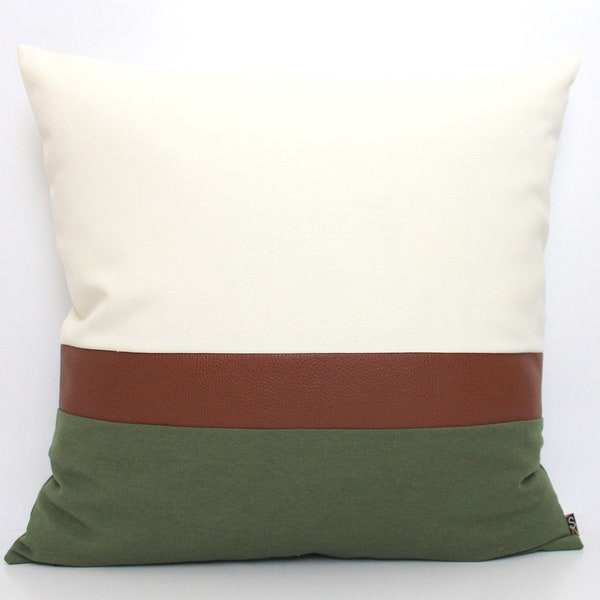 Olive Green, Cream and Brown Faux Leather Customizable Colorblock Pillow Cover - All Sizes, Home gifts for you