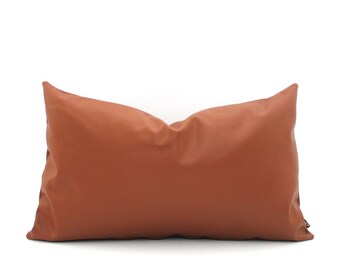 Saddle Brown Faux Leather Lumbar Pillow Cover, Cognac Vegan Cushion, Modern Rustic Western Decor