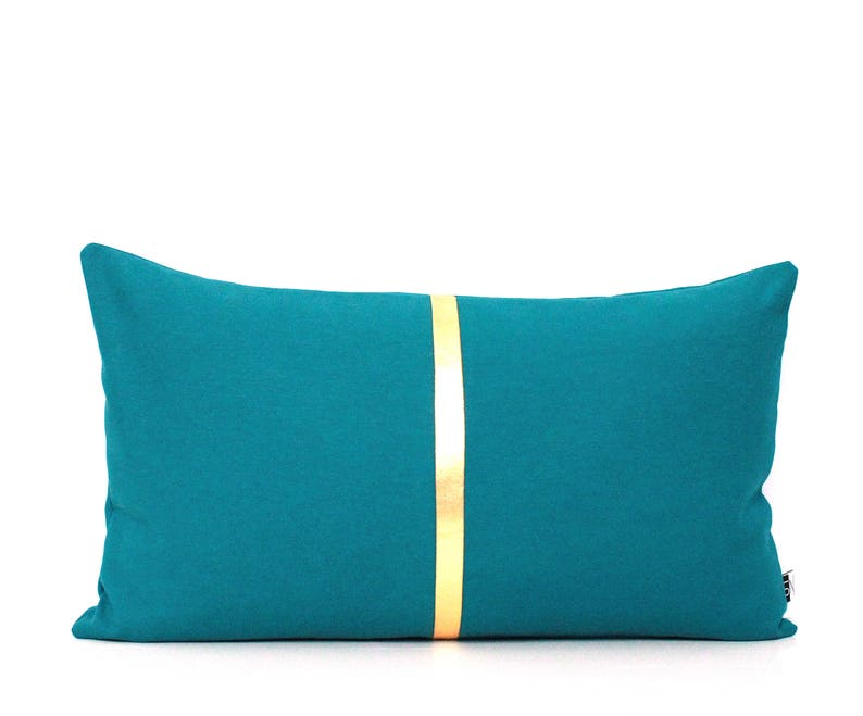 Dark Teal and Metallic Gold Pillow Colorblock Covers Metallic Stripe in Shiny Gold, Silver or Copper image 1