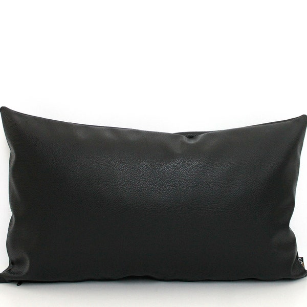 Black Faux Leather Lumbar Pillow Cover, Deep Black Cushion, All Sizes, Home gifts for you