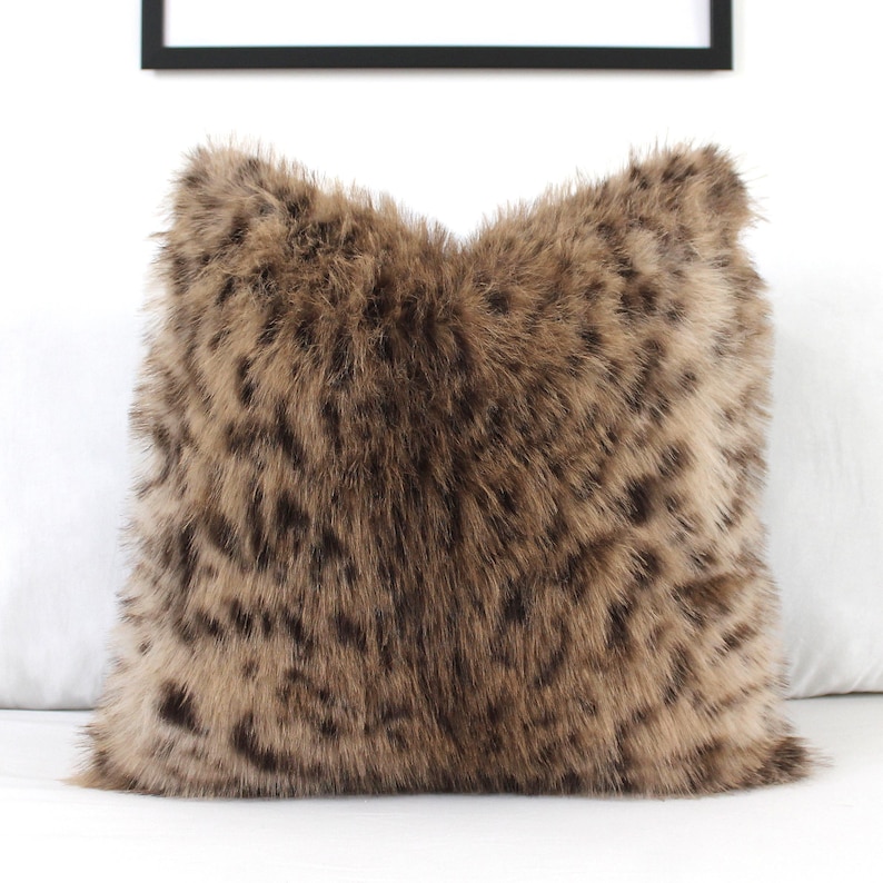 Luxurious Anatolian Lynx Faux Fur Pillow Cover, Brown Cheetah Leopard Print, Rustic Decor, Custom Size, Heavy Duty Cotton Backing
