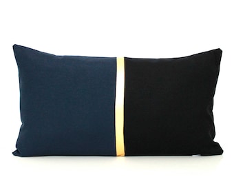 Navy Blue, Black and Metallic Gold Colorblock Pillow Cover - All Sizes - Custom Metallic Stripe Color, Modern Home Throw