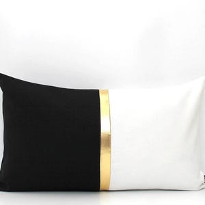White, Black and Metallic Gold Colorblock Lumbar Pillow Cover - Custom Metallic Stripe -  All Sizes - Modern Pillow, Home gifts for you