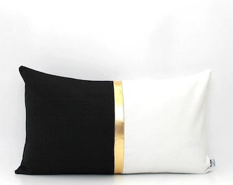 White, Black and Metallic Gold Colorblock Lumbar Pillow Cover - Custom Metallic Stripe -  All Sizes - Modern Pillow, Home gifts for you