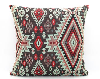 Black Red Turkish Kilim Pillow Cover | Outdoor Indoor Boho Cushion Cover | Southwestern Tribal Throw Pillow | Patio Decor