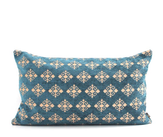 Luxury Dark Teal / Petrol Patina Blue Turkish Ottoman Lumbar Pillow Cover - Throw Cushion Cover Woven Home Gifts