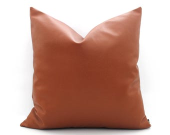 Saddle Brown Faux Leather Pillow Cover, Cognac Vegan Leather Cushion, Modern Throw Pillow, Rustic Western Decor
