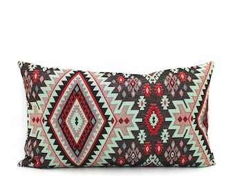 Black Red Turkish Kilim Lumbar Pillow Cover | Outdoor Indoor Boho Cushion | Southwestern Tribal Accent Pillow