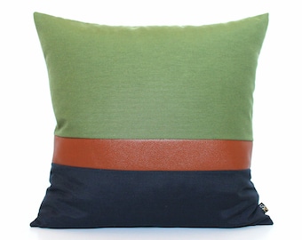 Olive Green, Navy Blue and Brown Faux Leather Customizable Colorblock Pillow Cover - All Sizes, Home gifts for you