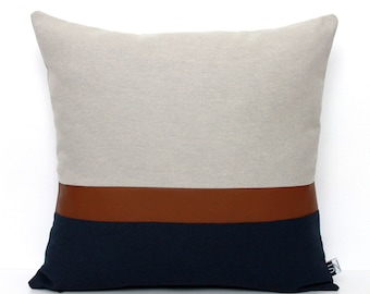 Light Grey, Brown Faux Leather and Navy Customizable Colorblock Pillow Cover - All Sizes - Modern Pillow, Home gifts for you