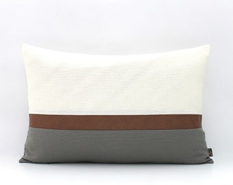 Colorblock Faux Leather Pillow Cover: Cream, Grey & Brown - Customizable Sizes