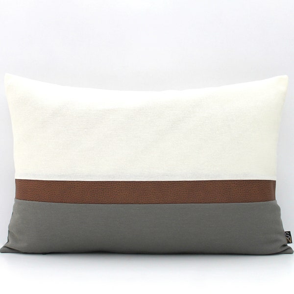 Cream, Grey and Brown Faux Leather Colorblock Pillow Cover - Customizable- All Sizes, Home gifts for you