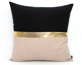 Metallic Pillow Cover in Gold, Black and Stone, Colorblock Cushion, Custom Stripe in Silver or Copper - ALL SIZES, Home gift for you