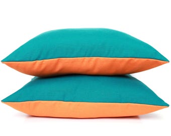 Two Tone Solid Teal Cushion Cover - Teal Pillow - Orange Pillow - Orange Scatter Cushion - Solid Teal Pillow Case - 16x16 17x17 18x18 20x20