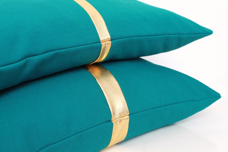 Dark Teal and Metallic Gold Pillow Colorblock Covers Metallic Stripe in Shiny Gold, Silver or Copper image 5