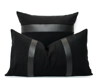 Faux Leather Black Colorblock Pillow Cover, Custom Faux Leather Stripe Color - All Sizes, Home gifts for you
