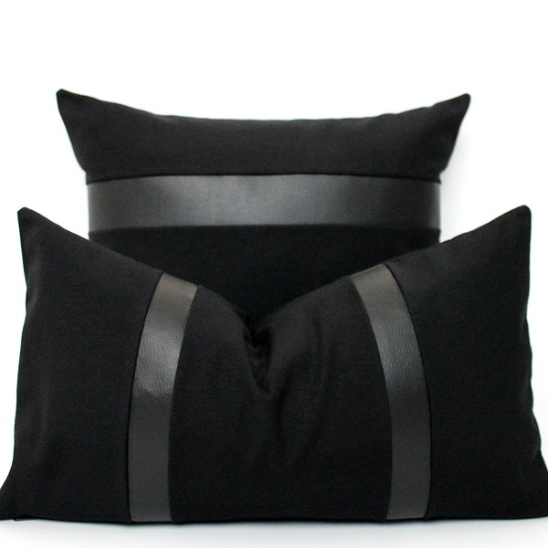 Faux Leather Black Colorblock Pillow Cover, Custom Faux Leather Stripe Color - All Sizes, Home gifts for you